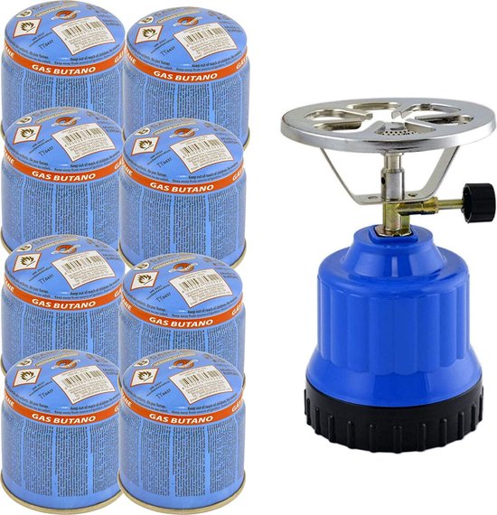 TronicXL Gaskooktoestel, campingkooktoestel, 1 lichtpunt, aluminium branders + 8 x cartridges gasfles butaan-set van TronicXL
