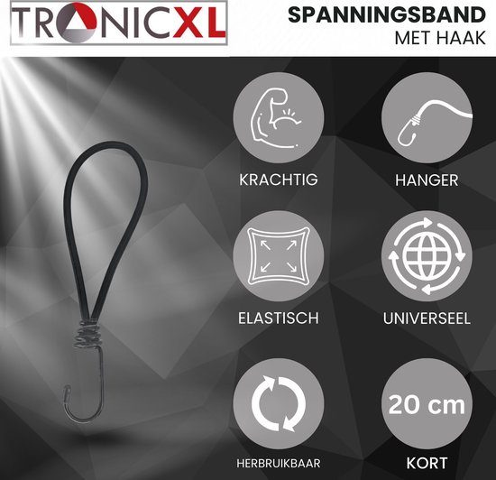 TronicXL Set van 4 spanbanden van 20 cm - rubberen touwen met klittenband - kortspanrubber - bagagespanner - expanderophanging - rubberen spanner - tentzeilen - net - kamperen en meer (20 cm, 4 stuks) van TronicXL