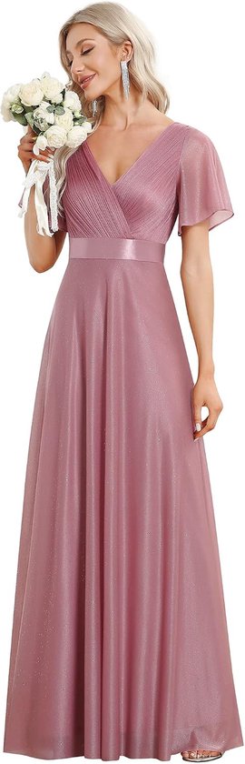 Trouwjurk korte mouwen met volants V-hals Empire-stijl A-lijn platlengte voor dames EE50159, Orchidee, 44 NL