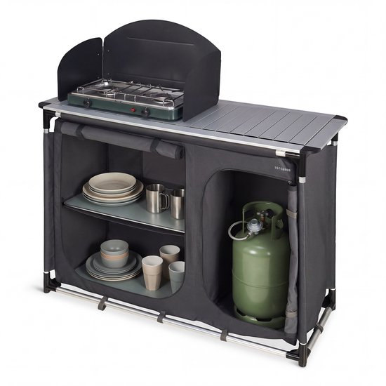 TRVLMORE Campingkeuken - Campingkast - Werkblad met Uitneembare Wasbak - 70KG Draagvermogen - 48x120x83CM - Windscherm - Grijs van Merkloos