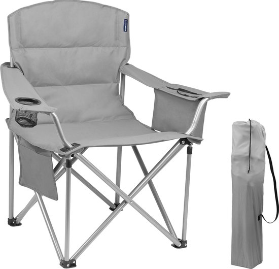 TRVLMORE Campingstoel - Opvouwbaar - XL - Comfortabele Vouwstoel - 150 kg draagvermogen - Drankhouder - Koelvak - Visstoel - Klapstoel - Grijs van TRVLMORE