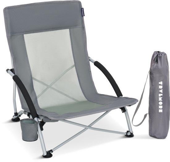 TRVLMORE Strandstoel - Inklapbaar en Opvouwbaar - 120KG Draagkracht - Lichtgewicht - Met Draagtas en Bekerhouder - Grijs van Merkloos