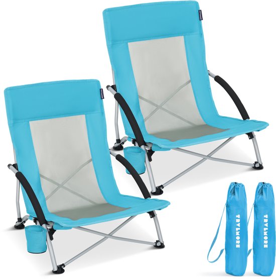 TRVLMORE Strandstoelen - Set van 2 - Inklapbaar en Opvouwbaar - 120KG Draagkracht - Lichtgewicht - Met Draagtas en Bekerhouder - Blauw van Merkloos