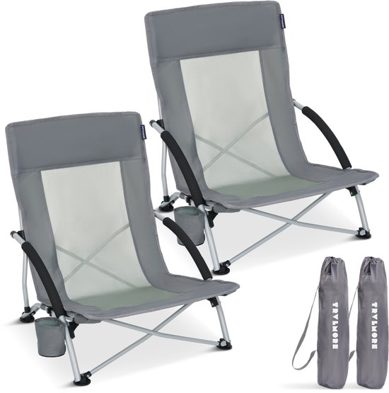 TRVLMORE Strandstoelen - Set van 2 - Inklapbaar en Opvouwbaar - 120KG Draagkracht - Lichtgewicht - Met Draagtas en Bekerhouder - Grijs van Merkloos