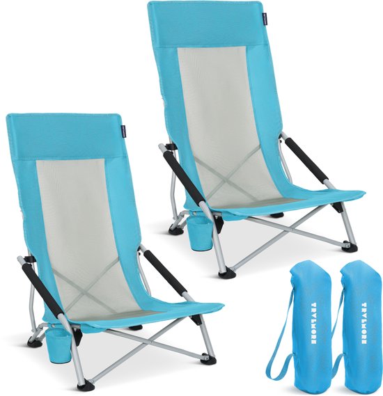TRVLMORE Strandstoelen - Set van 2 - Inklapbaar en Opvouwbaar - 130KG Draagkracht - Lichtgewicht - Met Draagtas en Bekerhouder - Hoge Leuning - Blauw van Merkloos