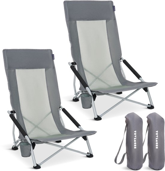 TRVLMORE Strandstoelen - Set van 2 - Inklapbaar en Opvouwbaar - 130KG Draagkracht - Lichtgewicht - Met Draagtas en Bekerhouder - Hoge Leuning - Grijs van Merkloos