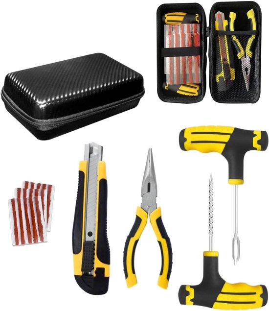 Tubeless Bandenreparatieset - Draagbare Kit - Banden Snel Repareren - Roestvrij Staal - 15 x 20 x 1 cm - Zwart