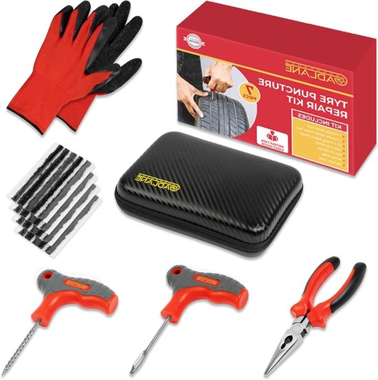 Tubeless Bandenreparatieset - Lekke Band Kit - Noodreparatie Onderweg - Universeel Voertuig Gebruik - 7 Delig - Zwart
