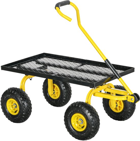 Tuinbouwkar – lengte 94L × breedte 48,5B × hoogte 100H cm – maximaal draagvermogen 150 kg – geel metaal