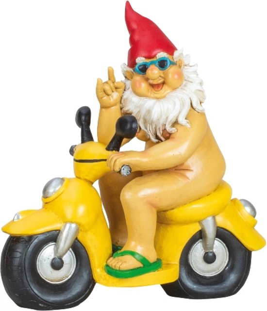 Tuinkabouter Dwerg zit naakt op een motor, hoogte: 28cm, breedte: 26cm van T