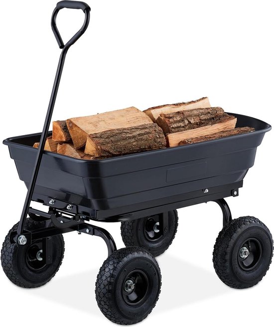 Tuinkar met kiepfunctie - Bolderkar voor tuinafval en transport - 4 luchtbanden 3.50-4 - Tot 250 kg draagvermogen - Grote handwagen in zwart Bolderkar van T