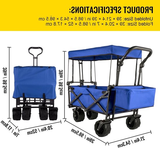 Tuinkar – Opvouwbare - met Dak - Boodschappen - Transport - Wagen - Strand - Bolder - All-Terrain Wielen - Zonbescherming - Heavy-duty - Draagbare - 100kg - Blauw van Merkloos