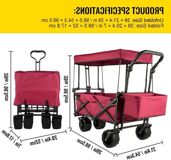 Tuinkar – Opvouwbare - met Dak - Boodschappen - Transport - Wagen - Strand - Bolder - All-Terrain Wielen - Zonbescherming - Heavy-duty - Draagbare - 100kg - Donker Rood van Merkloos