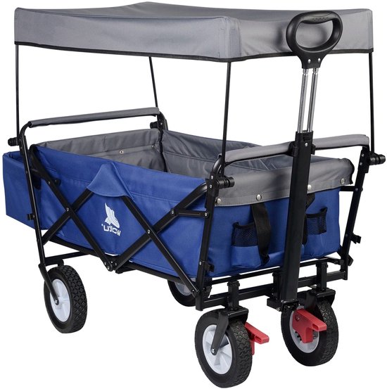 Tuinkar – Opvouwbare - Met Dak - Wagen - Strand - Bolder - Boodschappen - Transport - Remwielen - Stalen Frame –Zonbescherming - Heavy-duty - Draagbare Trolley - Draagvermogen 80kg - Blauw van Merkloos