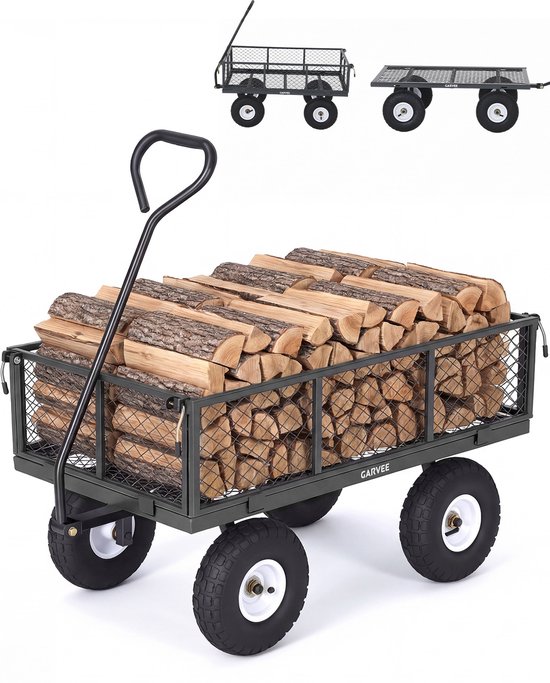 Tuinkar Staal Heavy Duty 800 LBS - 10 Inch All Terrain Luchtbanden - Verwijderbare Mesh Panelen & Waterdichte Voering - voor Tuinieren & Landschapsonderhoud - Grijs