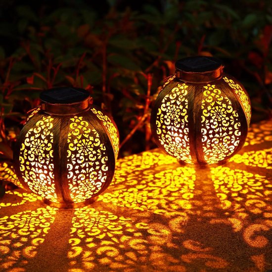 Tuinlamp op zonne-energie voor buiten - 2 stuks metaal - zonne-energie lantaarn - led tuinverlichting - IP44 waterdicht - vintage hangend balkon decoratie - buiten patio terras muur tafel - warm wit van T