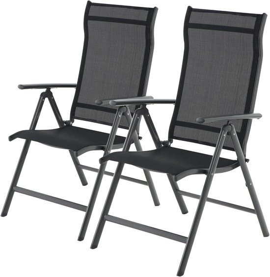 Tuinstoelen set van 2 klapstoelen met robuust aluminium frame en verstelbare rugleuning - zwart GCB29BK van Merkloos