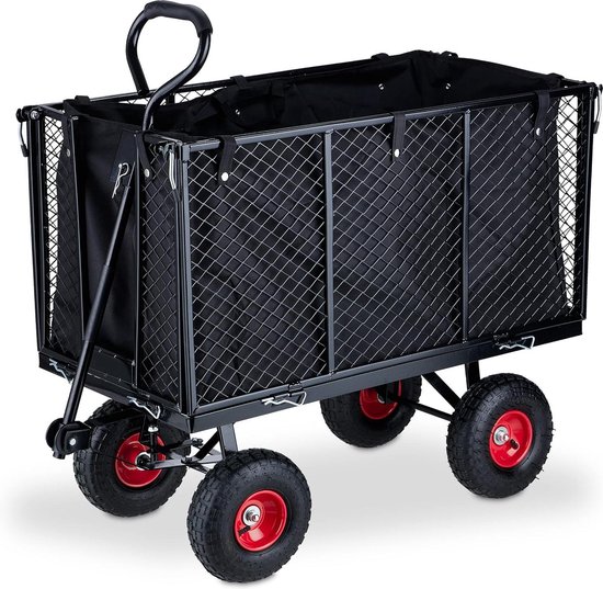 Tuinwagen met luchtbanden en uitneembaar zeil - klapbare zijwanden - 500 kg draagvermogen - zwart-rood van TecTake