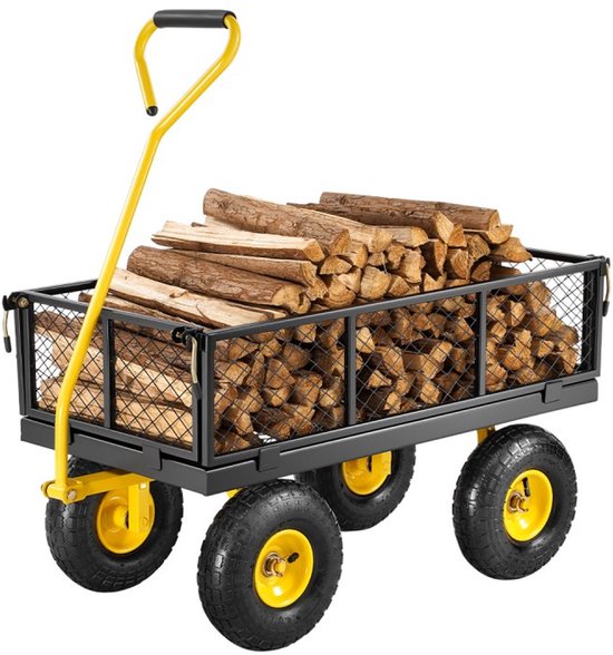 Tuinwagen - Transportkar - Draagvermogen 226,8 kg - Grote Terreinbanden - Afneembare Gaaszijpanelen - Draaibare Trekstang 180° - Geel/Zwart