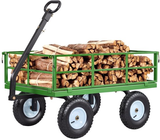 Tuinwagen - Transportwagen en handwagen - 2-in-1 - 110 x 75 x 67 cm - All-terreinbanden - Afneembare zijpanelen van gaas - 180° draaibare handgreep - Groen/zwart