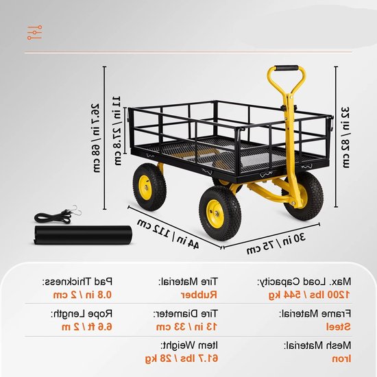 Tuinwagen - Tuinkar - Bolderkar - Strandkar - Verwijderbare Gaaswanden - Luchtbanden - Rubberen Handvat - Heavy-duty - 1200 Lbs van Merkloos