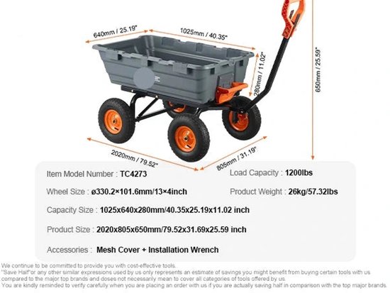 Tuinwagen - Tuinkar - Strandkar - Bolderkar - Transportkar - Gereedschapskar - Buitengebruik - 1200lbs - met Grote Luchtbanden - Zware - Transportwagen van Merkloos