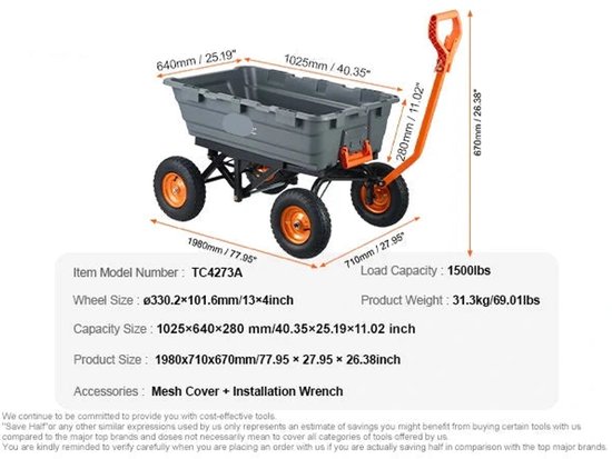 Tuinwagen - Tuinkar - Strandkar - Bolderkar - Transportkar - Gereedschapskar - Buitengebruik - 1500lbs - met Grote Luchtbanden - Zware - Transportwagen van Merkloos