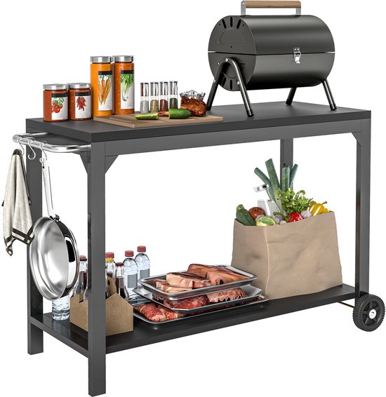 Tuinwagen – Tuinkar – Tuintrolley – Servierwagen – Bolderkar – Epoxy Gecoat Staal – Groot Werkblad 135x46x86 cm van Merkloos