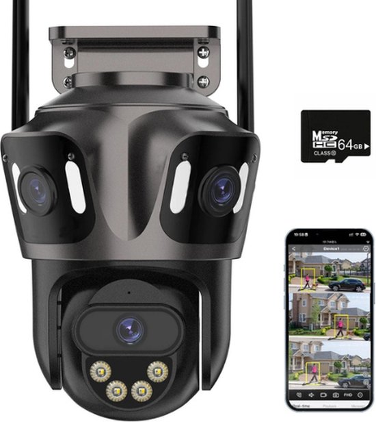Tumex - Beveiligingscamera Buiten - Buiten Camera met Nachtzicht - Drie Lens Design - 360° Auto Tracking - Inclusief 64GB SD - Zwart van Tumex
