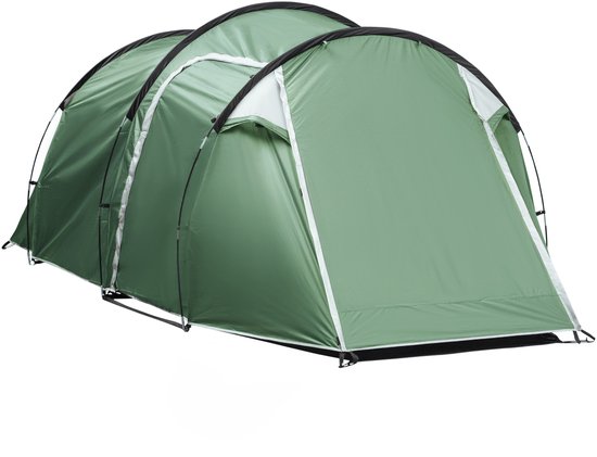 Tunneltent Donkergroen - 426x206x154 cm 2-3 Persoons Campingtent met 2 Kamers & 190T Waterdicht Polyester – Inclusief Haringen & Glasvezelstokken voor Outdoor Avonturen