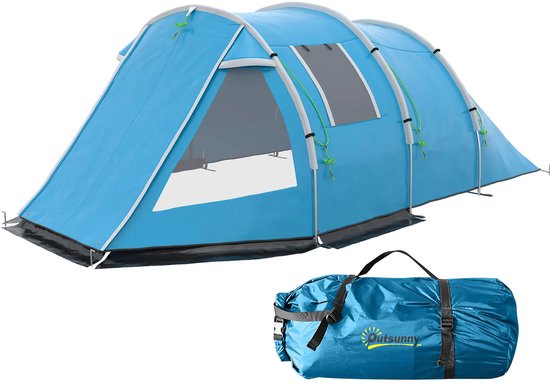Tunneltent - Trekkingtent - Familietent 3-4 persoons - Kampeertent met 2 kamers - Weerbestendig - Blauw
