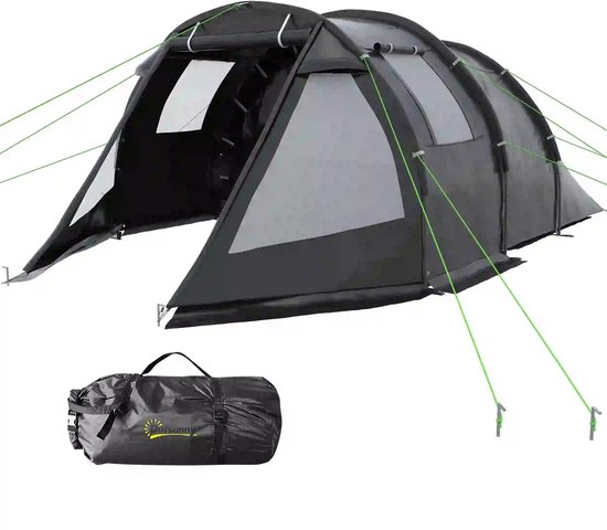 Tunneltent - Trekkingtent - Familietent 3-4 persoons - Kampeertent met 2 kamers - Weerbestendig - Zwart