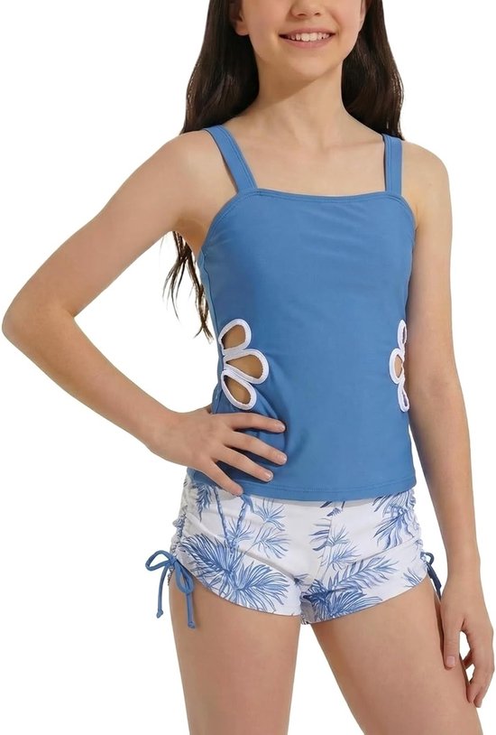 Twee-delige tankini voor meisjes van 9-16 jaar met shorts, bloemenprint en uitsnijdingen voor de zomer aan het strand