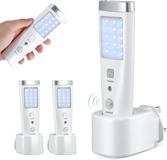 Twee LED-nachtlampjes, met stekker, 4 functies: nachtlampje met bewegingssensor, oplaadbaar basisstation, noodverlichting (stroomuitval), zaklamp en werklamp, noodverlichting voor gangen, trappenhuizen en slaapkamers.