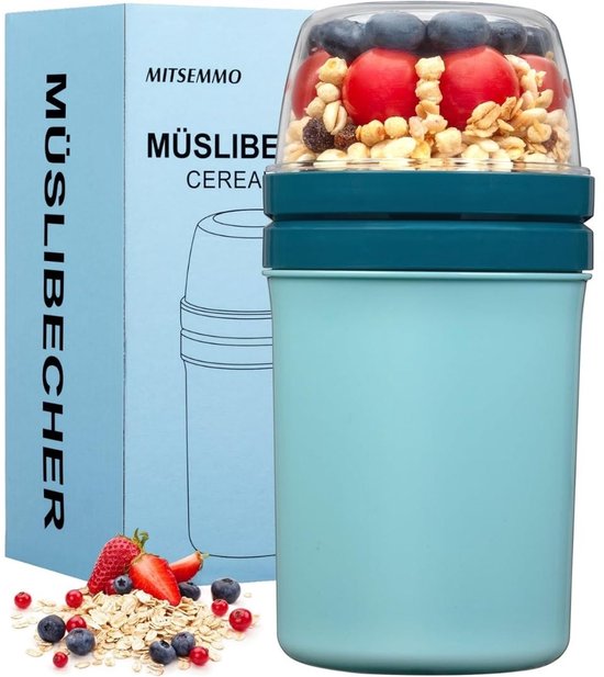 TYR® Yoghurt Beker To Go - Yoghurt en Muesli Beker To Go - Yoghurt Beker To Go met Lepel - Blauw - 10cm x 10cm x 18cm