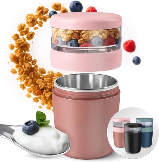 TYR® Yoghurt Beker To Go - Yoghurt en Muesli Beker To Go - Yoghurt Beker To Go met Lepel - Roze - 10cm x 10cm x 16cm