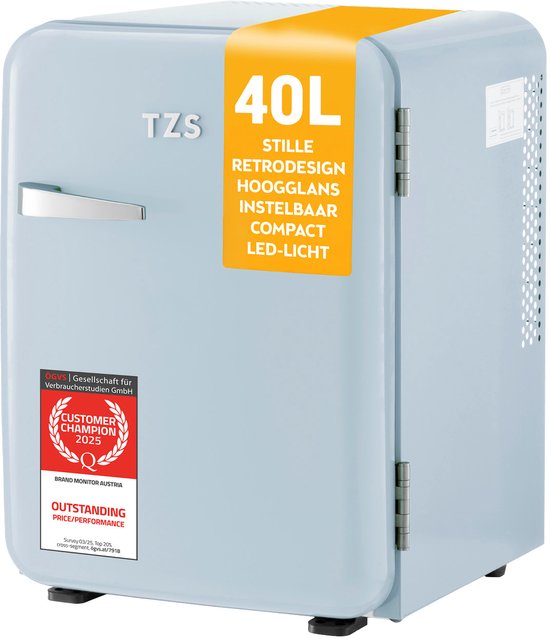 TZS First Austria Mini koelkast - Minibar - 40 liter - Vrijstaand - Volledig stil 22dB - Retro - Blauw van TZS First Austria