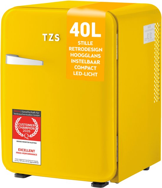 TZS First Austria Mini koelkast - Minibar - 40 liter - Vrijstaand - Volledig stil 22dB - Retro - Geel van TZS First Austria