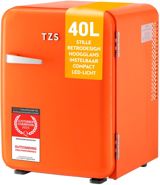 TZS First Austria Mini koelkast - Minibar - 40 liter - Vrijstaand - Volledig stil 22dB - Retro - Oranje