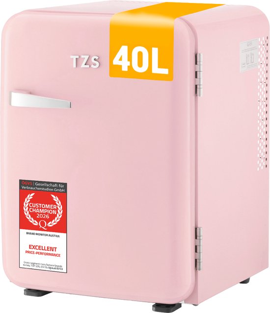 TZS First Austria Mini koelkast - Minibar - 40 liter - Vrijstaand - Volledig stil 22dB - Retro - Roze