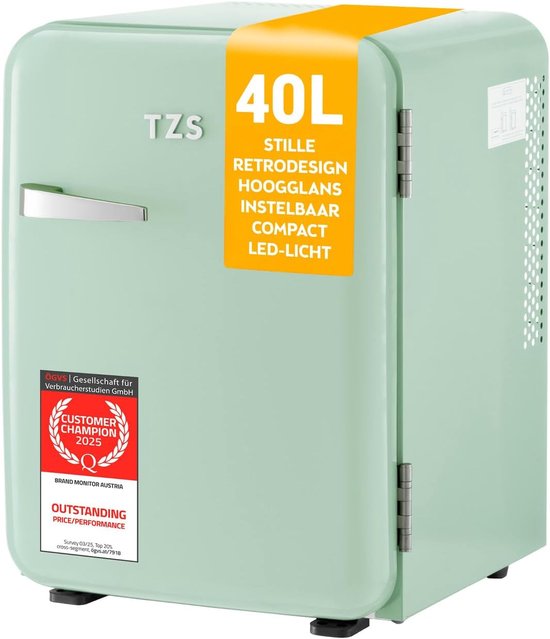 TZS First Austria - Retro Mini Koelkast 40L geruisloos - Kleine Minikoelkast in Vintage-Design met binnenverlichting & 2 deurvakken - Minibar voor camping, kantoor, slaapkamer & hotel - mint