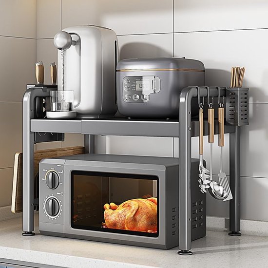 Uitbreidbaar magnetronrek, verstelbaar koolstofstaal magnetronplank, aanrecht organizer plankstandaard met 6 haken voor broodrooster, pot pan grill opbergrekken (grijs)