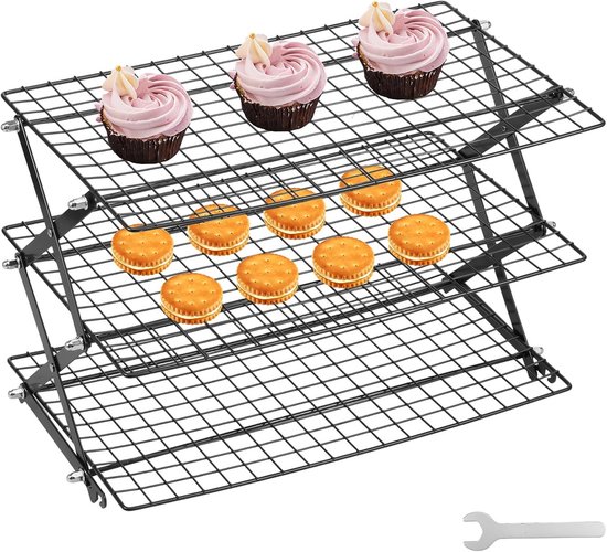 Uitklapbare drie-laagse koelrek voor het bakken en bereiden van voedsel - antislip coating - zwart - 3 verdiepingen