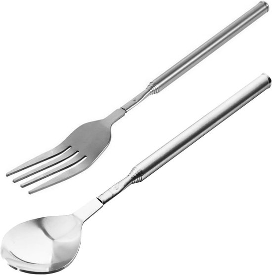 Uitschuifbaar Servies - Telescopisch Bestek - Barbecue en Camping - Verstelbaar Lange Steel - 22-63 cm - Zilver
