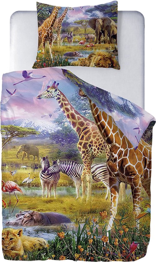 Ulticool Dekbedovertrek Safari Dieren Natuur 140x200 cm - Kussensloop 60x70 cm - voor Dekbed 1 Persoons Kamer Beddengoed Paasdecoratie Slaapkamer Accessoires Kinderkamer Babykamer Kinderen Meisjes Peuter Flamingo Cadeau Jongen 4 5 6 7 8 9 10 11 jaar van Ulticool