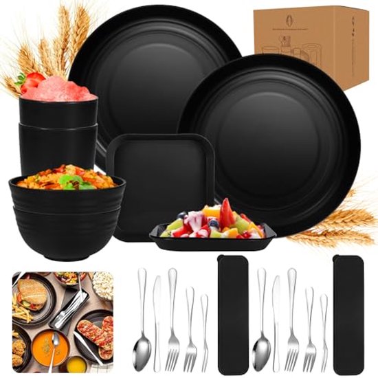 Ultiluxe® Camping Servies Set - 20 Stuks - Picknick Servies - Kampeerbestek Set - 2 Personen - Outdoor Servies - Herbruikbaar - Onbreekbaar - Zwart van Merkloos