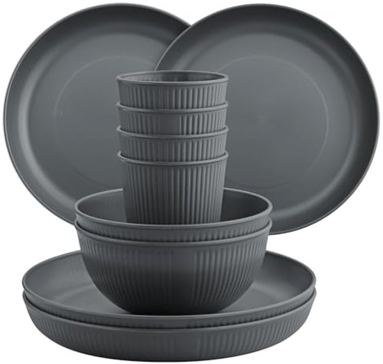 Ultiluxe® Camping Serviesset - 12 Stuks - Picknick Servies - Kampeerservies - 4 Personen - Outdoor Servies - Stapelbaar - BPA-vrij - Grijs