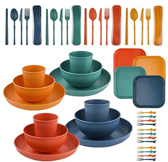 Ultiluxe® Camping Serviesset - 48 Stuks - Picknick Servies - Kampeerbestek Set - 4 Personen - Outdoor Servies - Herbruikbaar - Onbreekbaar - Multicolor van Merkloos