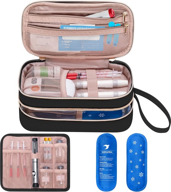 Ultiluxe® XXL Insuline koeltas - Zwart - Diabetes tas met 2 icepacks - Voor insulinepennen en diabetesaccessoires - Medische etui voor onderweg - 21 x 12 x 8.5 cm - Hardcase medicijnentas - Dubbellaags - Isolerend - Diabetici - Suiker van Ultiluxe