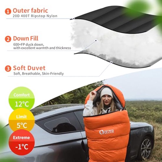 Ultra Licht Dons Slaapzak -3°C tot 8°C voor 3 Seizoenen Kamperen, Backpacken en Wandelen